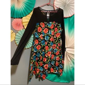 floral skater dress with mesh long sleeves